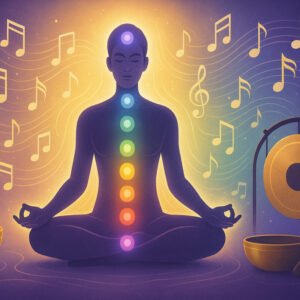 Illustration of music therapy with chakra energy flow, showing healing through sound techniques for chakra balance.