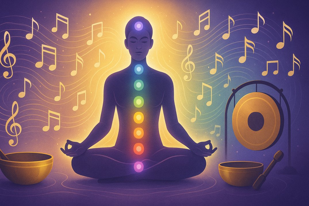 Illustration of music therapy with chakra energy flow, showing healing through sound techniques for chakra balance.