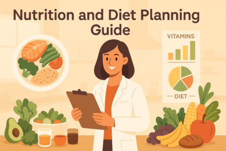 Nutrition and diet planning guide illustration showing balanced meals, diet charts, and healthy food choices.