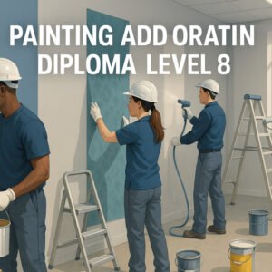 Students practicing painting and decorating diploma techniques with brushes and rollers.