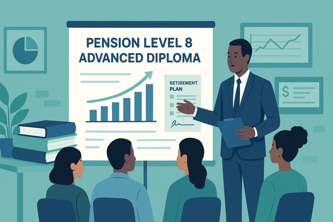Pension Advanced Diploma Level 8 showing books, charts, and retirement planning visuals
