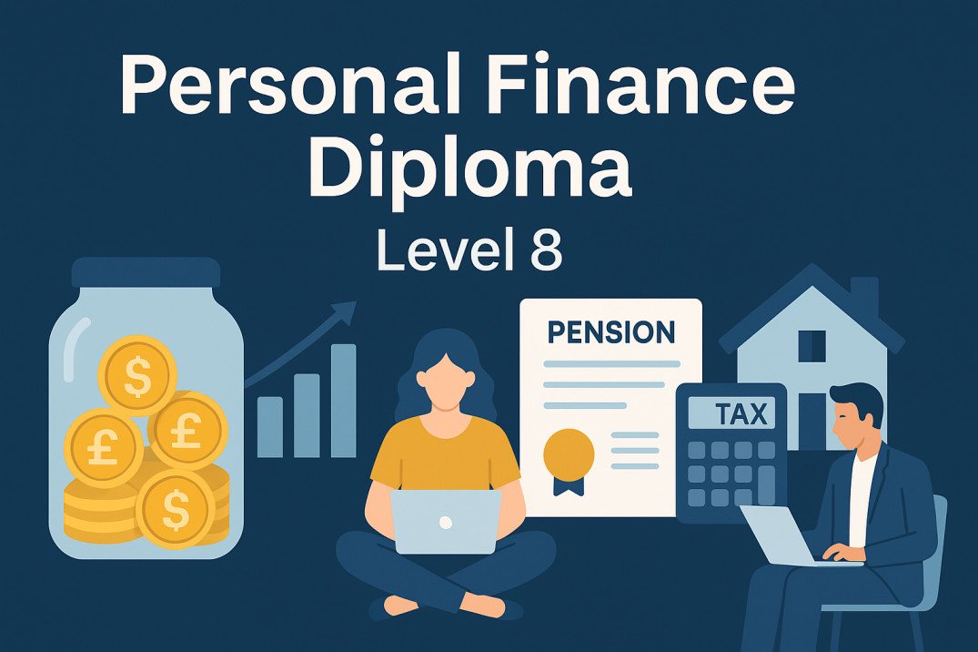 Personal Finance Diploma Level 8 illustration with budgeting, investing, and retirement icons.