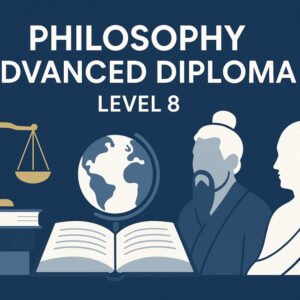 Philosophy Advanced Diploma Level 8 illustration with books, thinkers, and justice scales