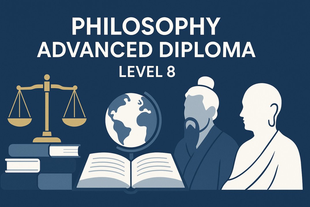 Philosophy Advanced Diploma Level 8 illustration with books, thinkers, and justice scales
