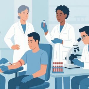 Phlebotomist advanced diploma students practising venipuncture and lab techniques in clinical training.