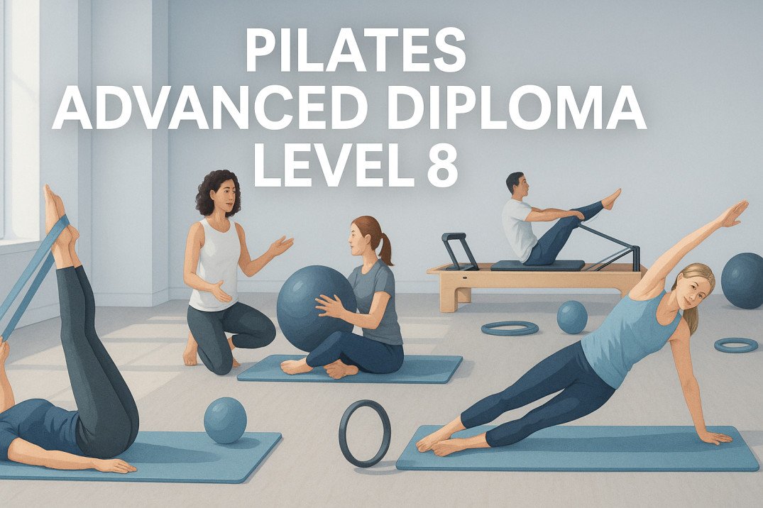 Students practising Pilates with mats and reformer in a diploma level 8 class.