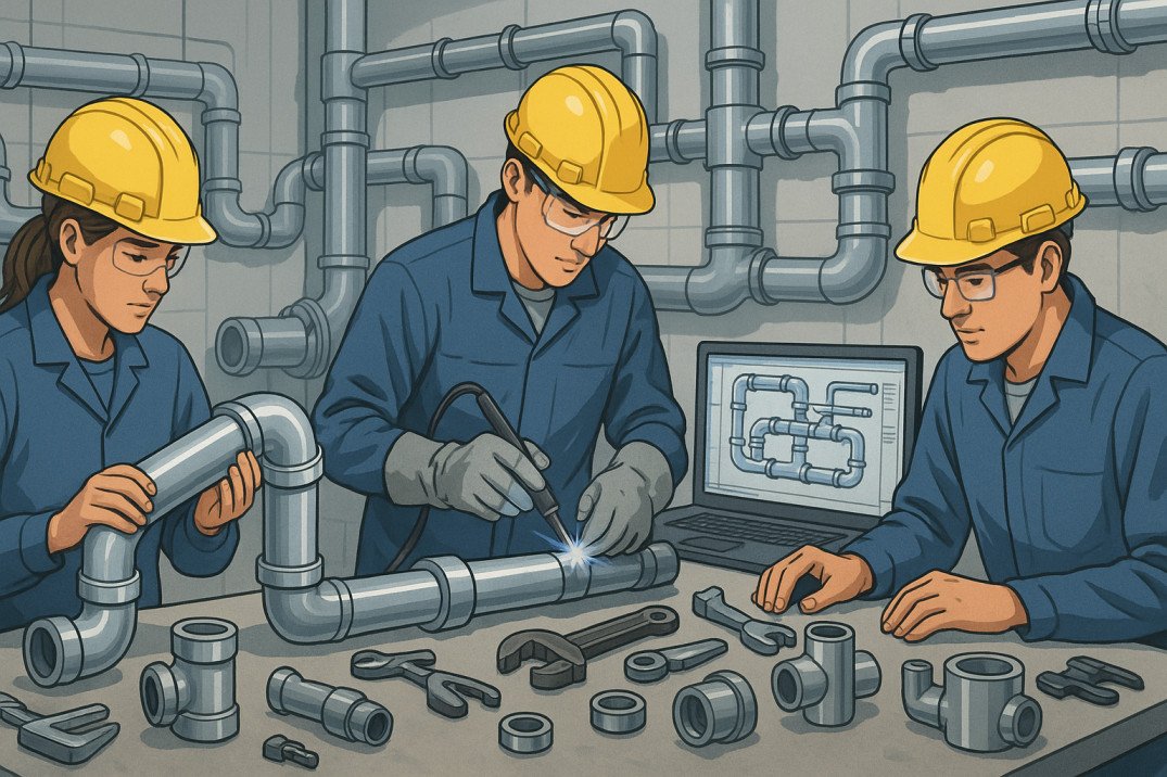 Student learning pipe fitting advanced diploma techniques with tools and systems