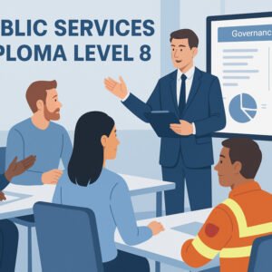 Public services diploma level 8 students in training with policy, governance, and leadership focus.