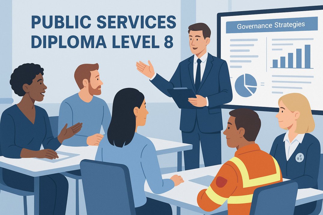 Public services diploma level 8 students in training with policy, governance, and leadership focus.