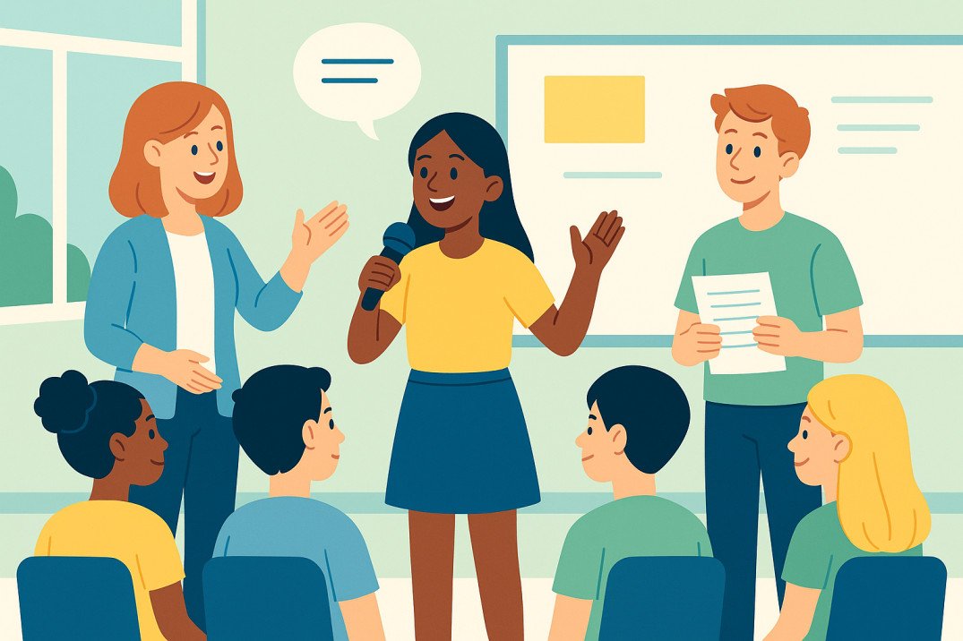 Teens learning public speaking with confidence, guided by a mentor in a supportive classroom setting.