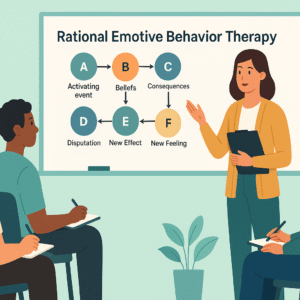 Instructor guiding students through Rational Emotive Behavior Therapy principles and practical techniques.