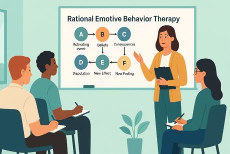 Instructor guiding students through Rational Emotive Behavior Therapy principles and practical techniques.