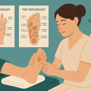 Reflexology certification course showing hands and feet reflex points with techniques