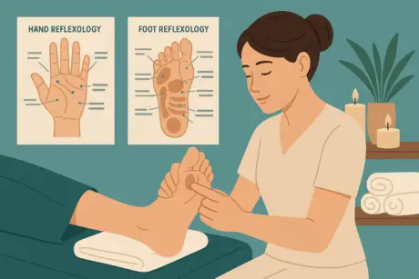 Reflexology certification course showing hands and feet reflex points with techniques