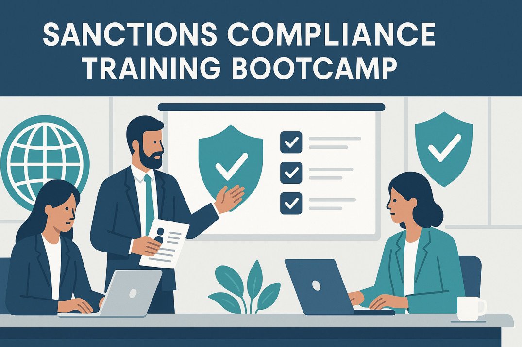 Financial professionals learning sanctions compliance training with AML and KYC concepts.