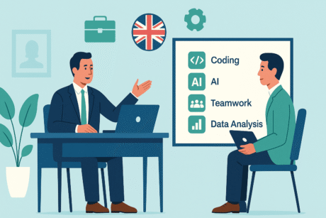 UK recruiter reviewing candidate skills in coding, AI, and teamwork during a job interview