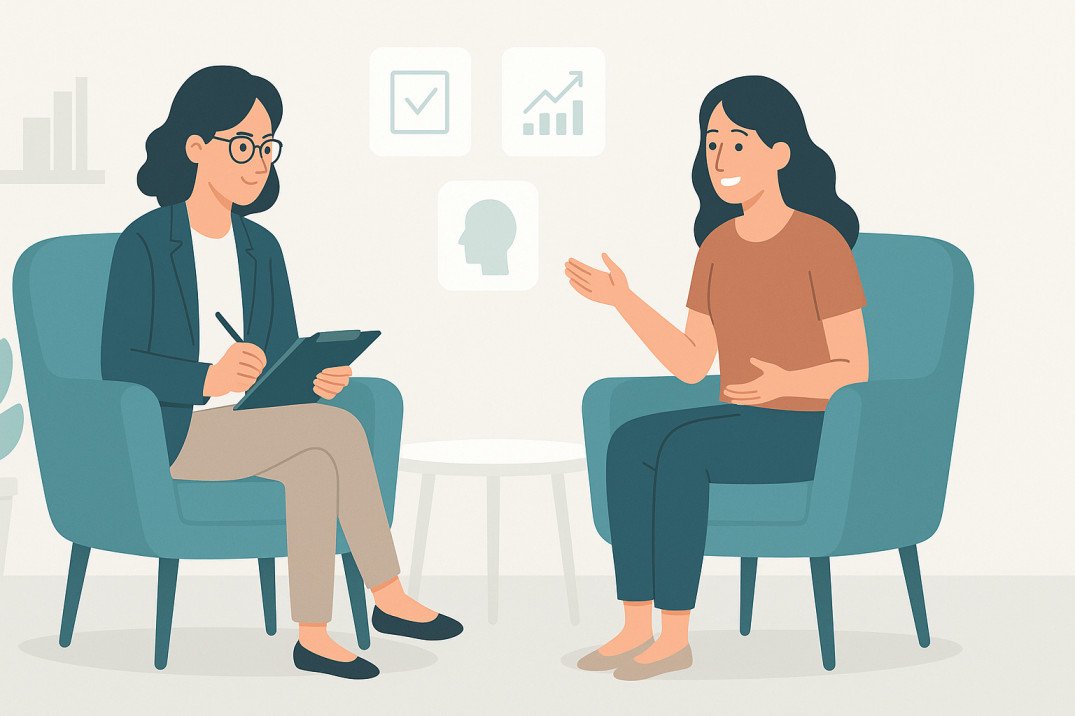 Professional learning session on solution-focused brief therapy with therapist guiding client discussion.