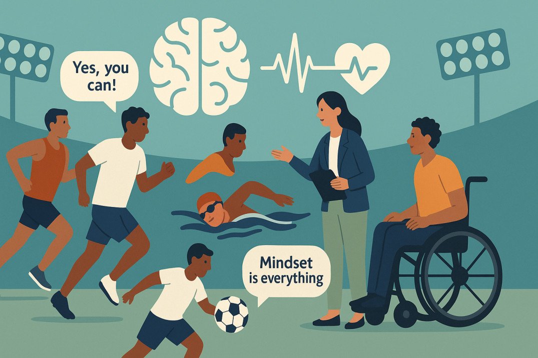 Illustration of athletes practicing mental skills training for sport psychology certification and peak performance.