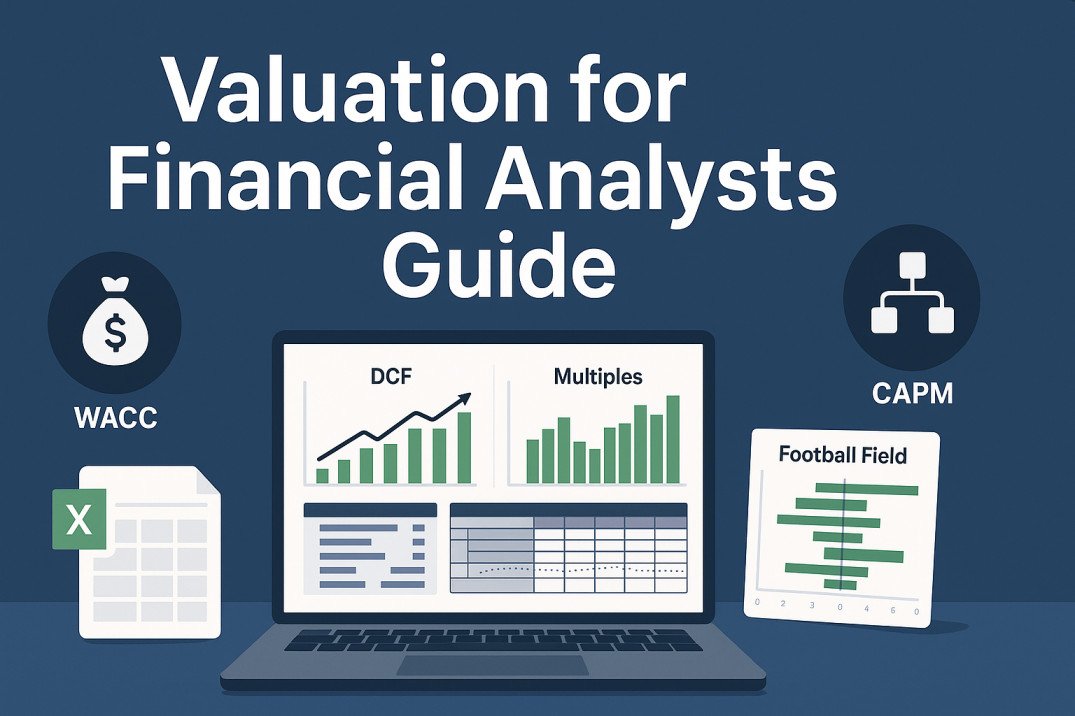 Digital illustration of valuation concepts for financial analysts including DCF, multiples, and financial modeling tools.
