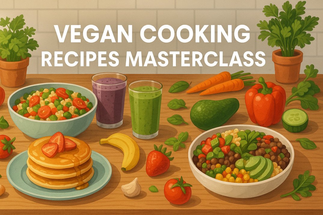 Vegan cooking recipes masterclass with plant-based meals for breakfast, lunch, and dinner.