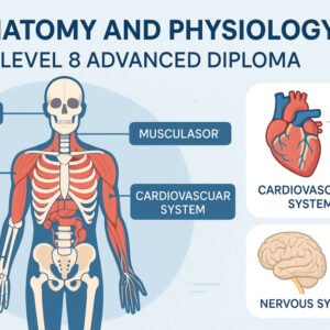 Anatomy and physiology diploma course illustration showing human body systems.