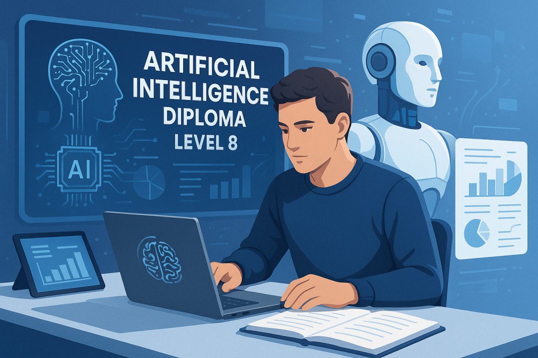 postgraduate student studying artificial intelligence diploma level 8 with digital tools and AI visuals