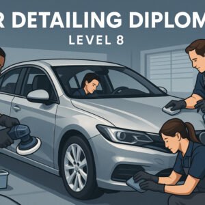 Advanced car detailing diploma training showing interior and exterior detailing techniques.
