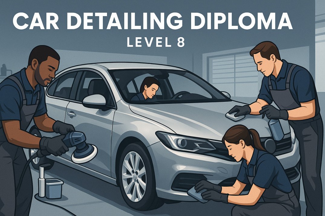 Advanced car detailing diploma training showing interior and exterior detailing techniques.