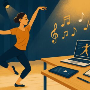 postgraduate student practising choreography techniques with music and stage setting, choreography diploma level 8