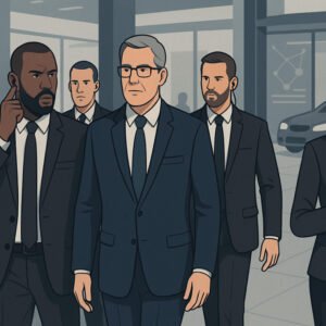 Close protection training diploma with security professionals safeguarding clients.