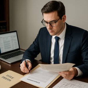 Professional conveyancer reviewing property contracts and legal documents for conveyancing diploma