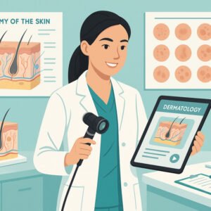 Postgraduate student in dermatology training with clinical tools and skin care models.