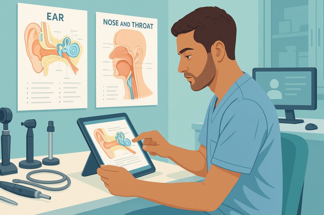 Postgraduate student studying ENT advanced diploma with clinical training tools and medical diagrams.
