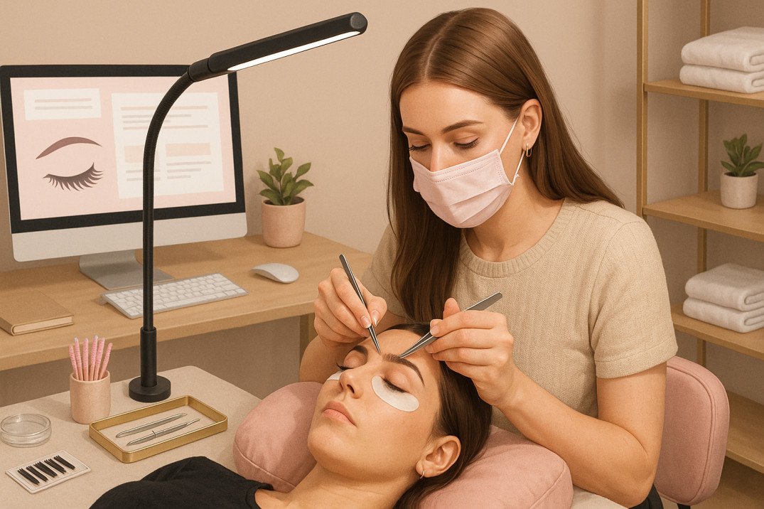 UK student practicing advanced eyelash extension techniques in a professional setting.