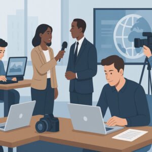 Students learning journalism techniques in a newsroom, digital, and broadcast setting for advanced diploma level 8.