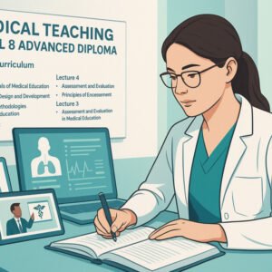 UK postgraduate student studying medical teaching diploma with modern tools.