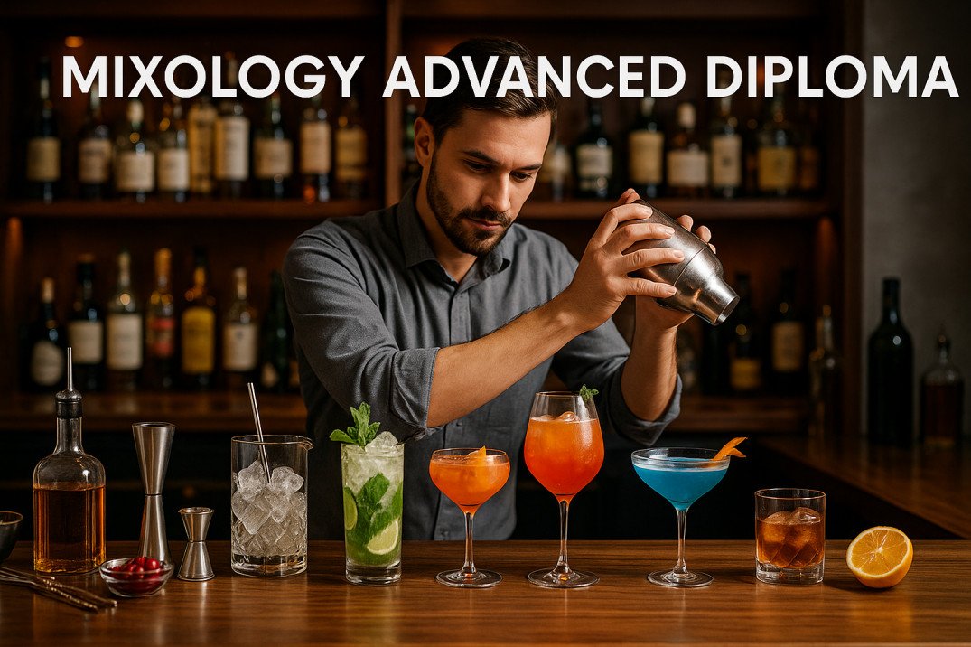 Student creating cocktails with tools and garnishes, mixology advanced diploma