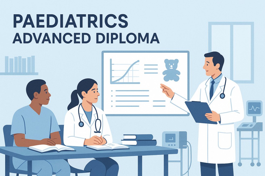 Medical students studying paediatrics advanced diploma with focus on child care and health development.